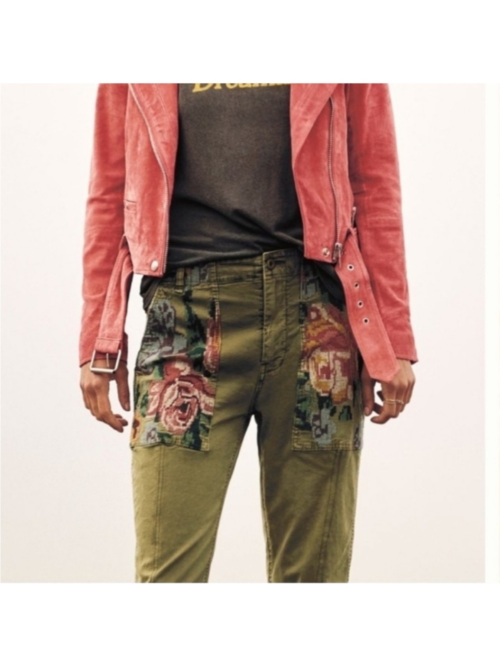 Anthropologie floral embroidered green pants. Size 28